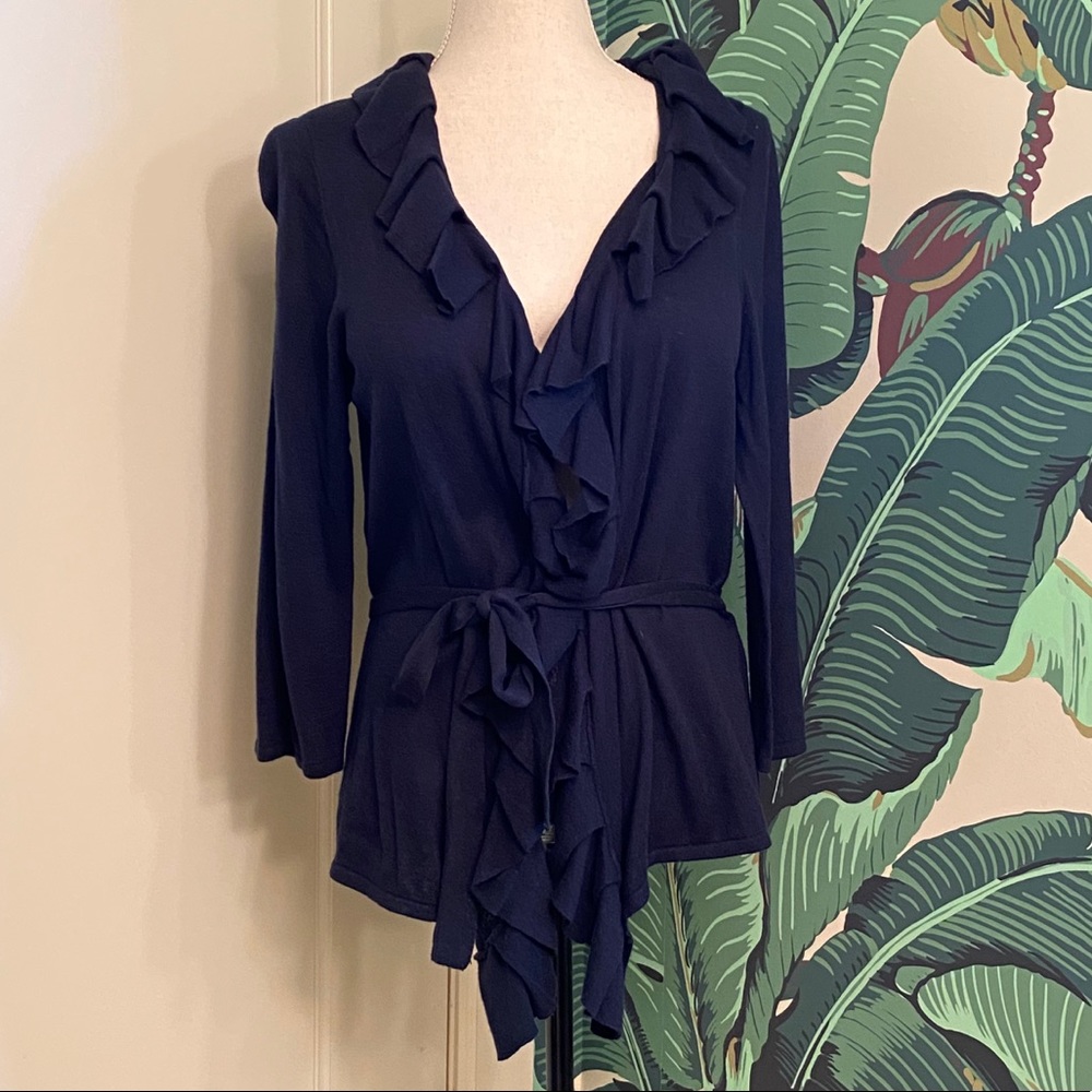 Ann Taylor Ruffled Open Cardigan - Navy